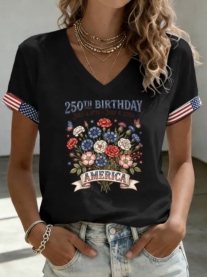 Women's Flower Independence Day Printed Casual T-shirt