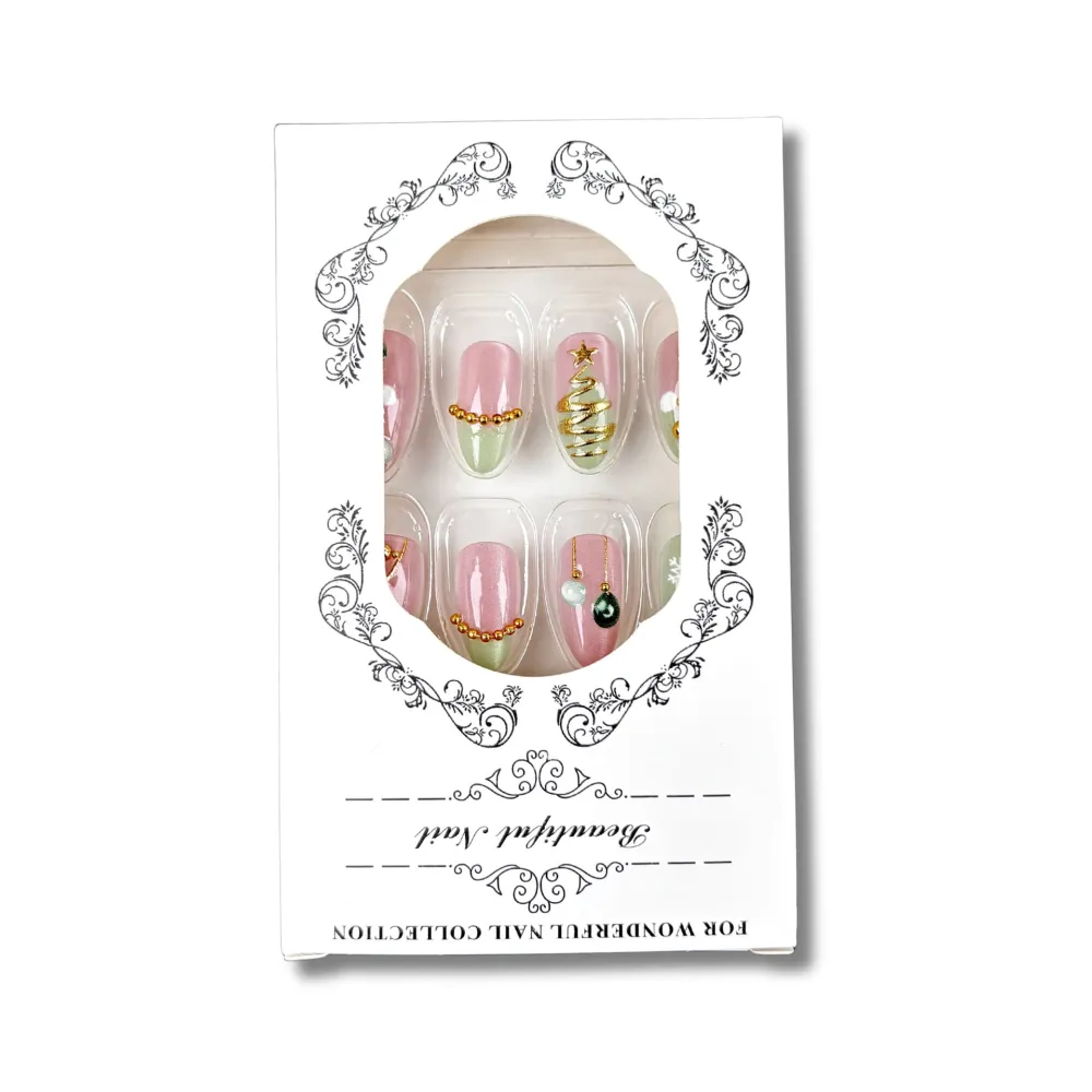 Nailhour 30Pcs Green 3D Medium Almond Christmas French Press On Nails