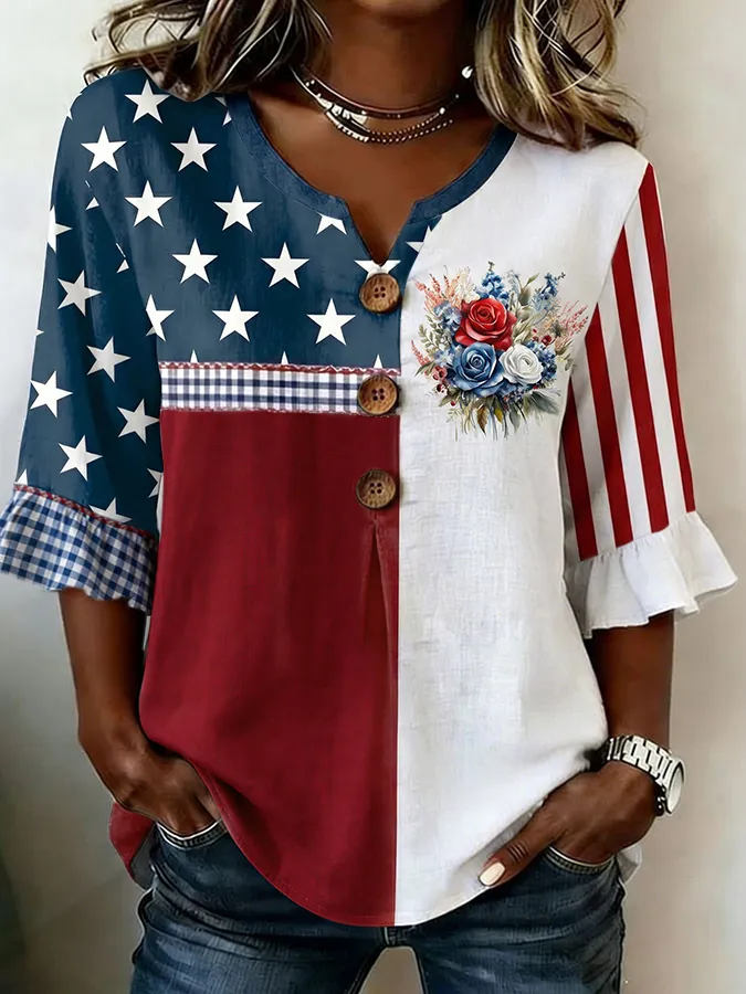 Women's Flag Floral Print Cotton-Linen Top