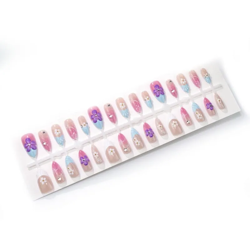 Nailhour 30Pcs Floral Medium 3D Almond French Press On Nails
