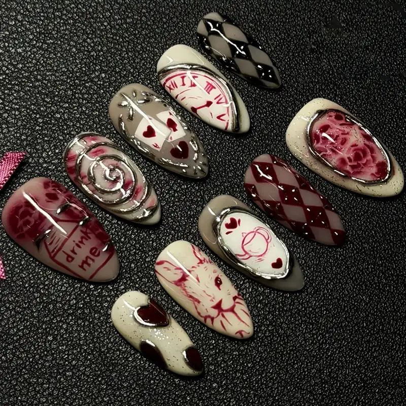 Nailhour 10Pcs Vintage Y2K Medium Almond Press On Nails