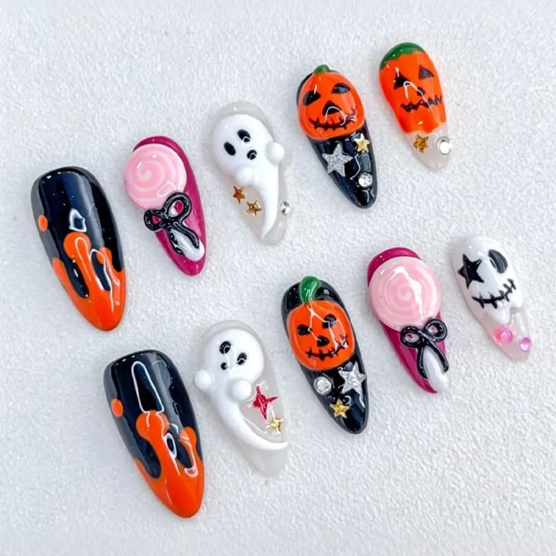 Nailhour 30Pcs Halloween Medium Almond 3D Ghost Press On Nails