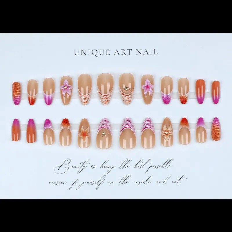 Nailhour Summer Holiday 3D Pink Orange Floral 24Pcs French Press On Nails