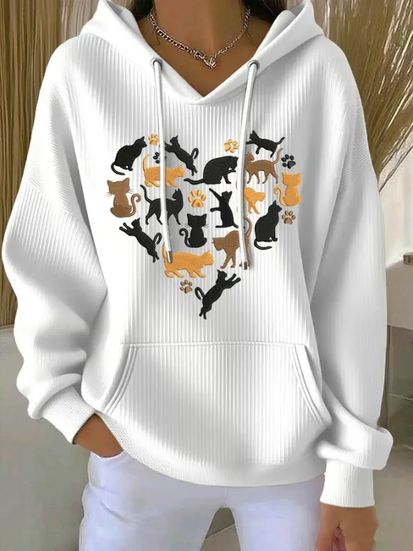 Casual Cat And Heart Printed Hoodies