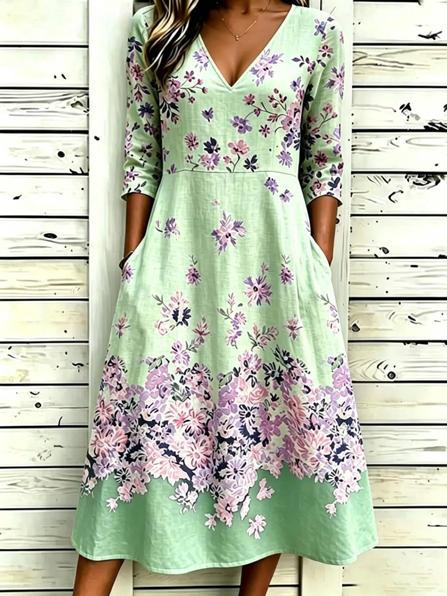 Women'S Cotton And Linen Casual Printed Dress