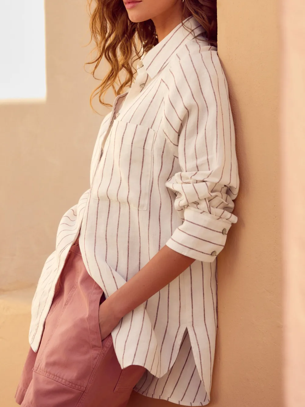 Ecru Palm Print Linen Flat Collar Loose Long Sleeve Shirt