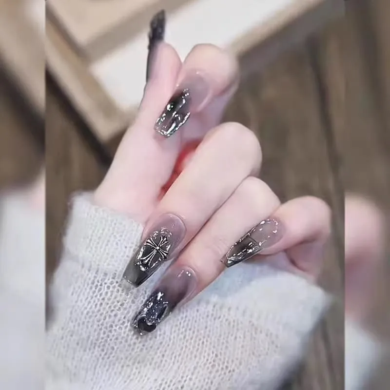 Nailhour 24Pcs Gothic 3D Medium Coffin Dark French Press On Nails