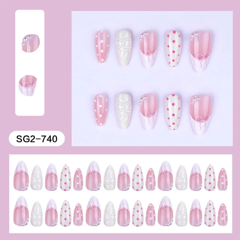 Nailhour 30Pcs Floral 3D Medium Almond French Butterfly Bow Press On Nails