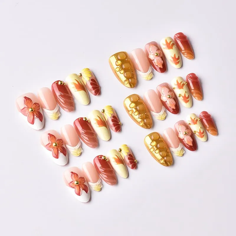 Nailhour 30Pcs Floral Autumn/Winter 3D Medium Almond French Press On Nails