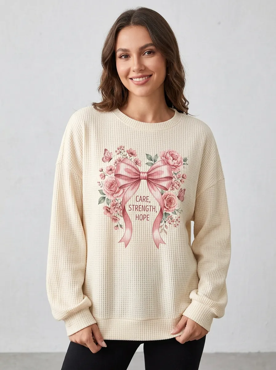 Women's Breast Cancer Awareness Pink Ribbon Floral Printed Waffle Sweatshirt