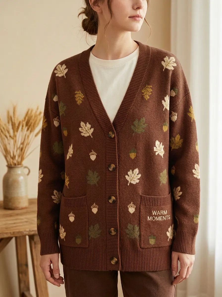 Botanical Leaves Acorn Pattern Embroidered Women's Knit Cardigan