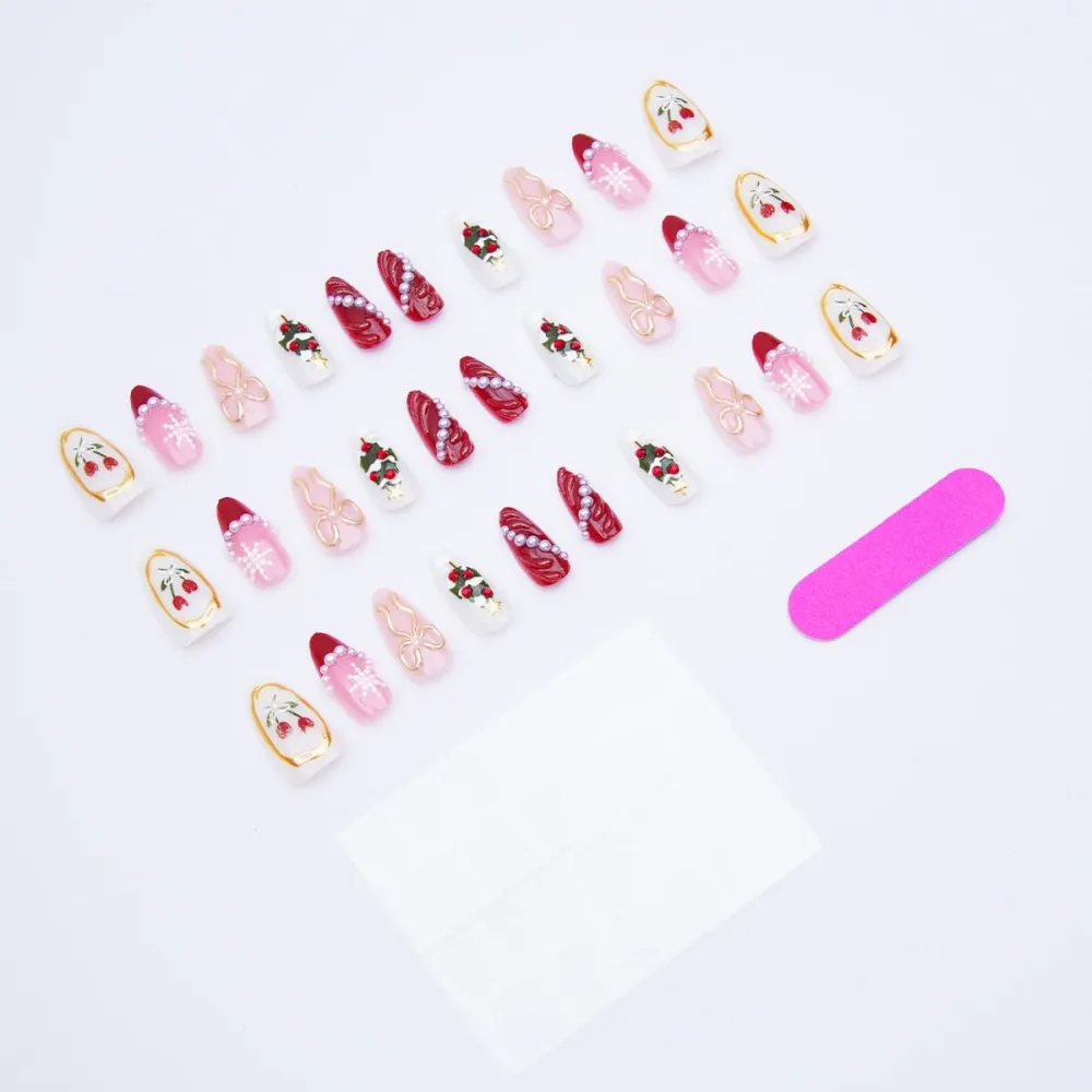 Nailhour 30Pcs Christmas 3D Medium Almond Rhinestone Press On Nails