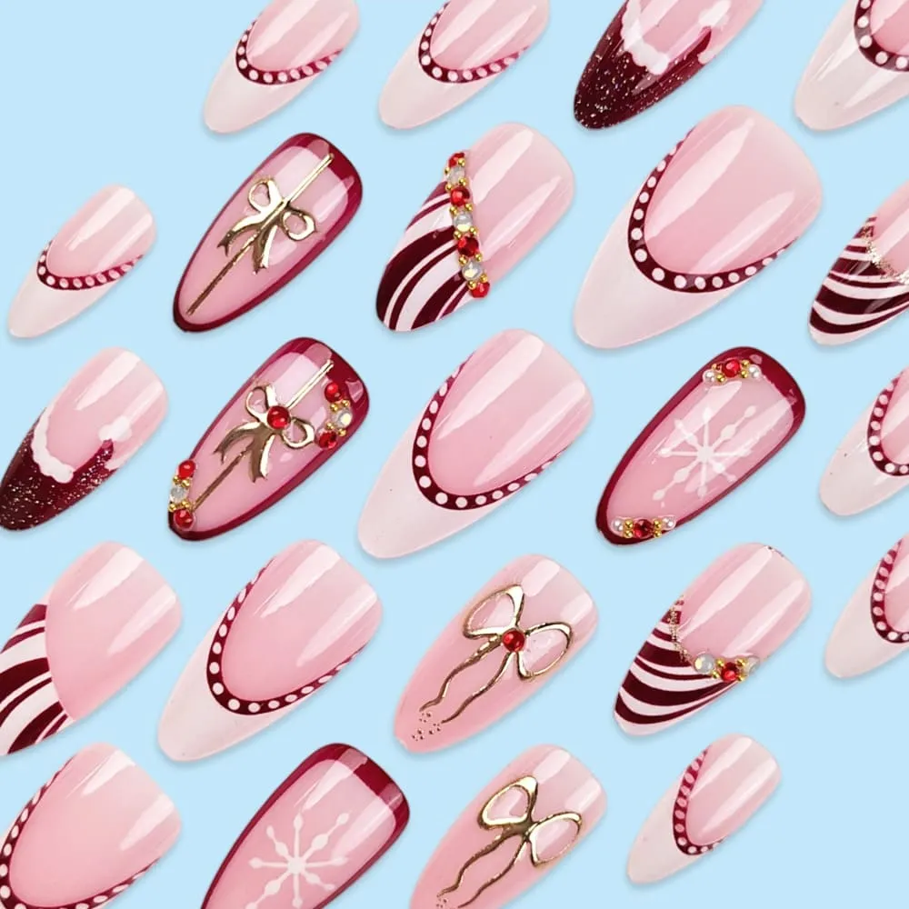 Nailhour 24Pcs Snowman 3D Medium Almond Christmas French Press On Nails