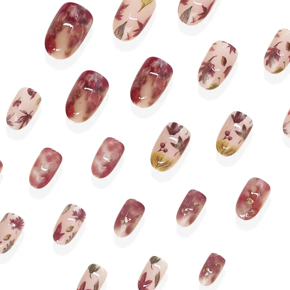 Nailhour 24Pcs Short Oval Maple Leaves Berries Press On Nails
