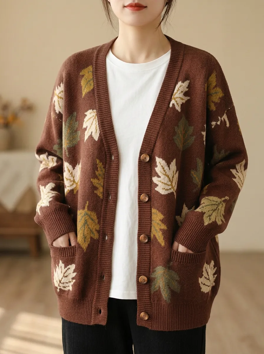 Vintage Maple Leaf Pattern Patterned Women's Knit Cardigan