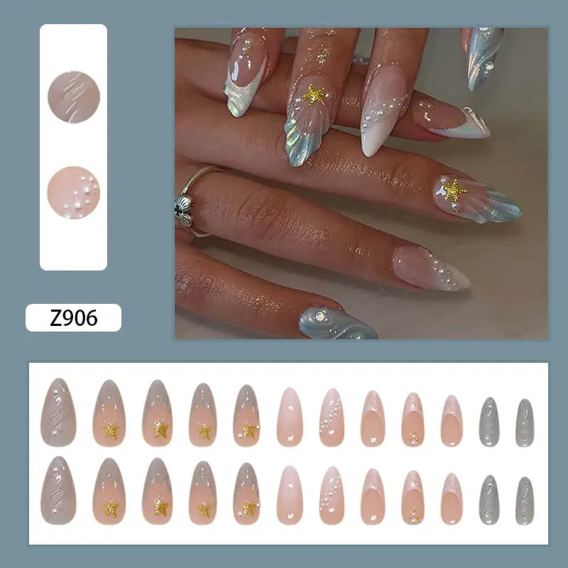 Nailhour 24Pcs 3D Gradient Medium Almond French Press On Nails