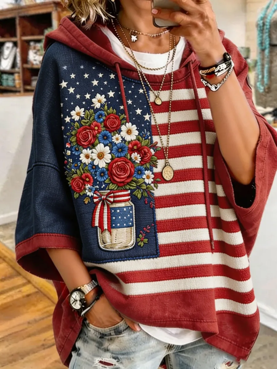 America 250 Anniversary Floral Print Women's Casual Hoodie