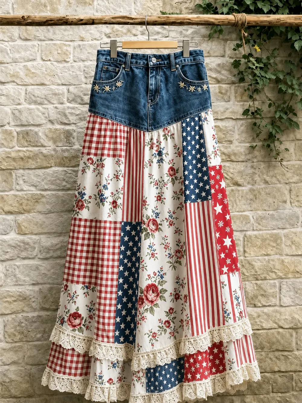 Women'S Casual Independent Day Denim Patchwork Printed Skirt