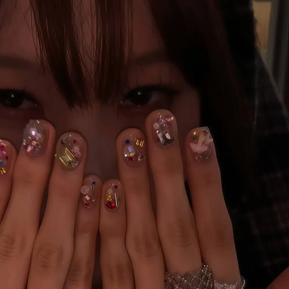 Nailhour 10Pcs Handmade Glitter Rhinestone Short Oval Press On Nails