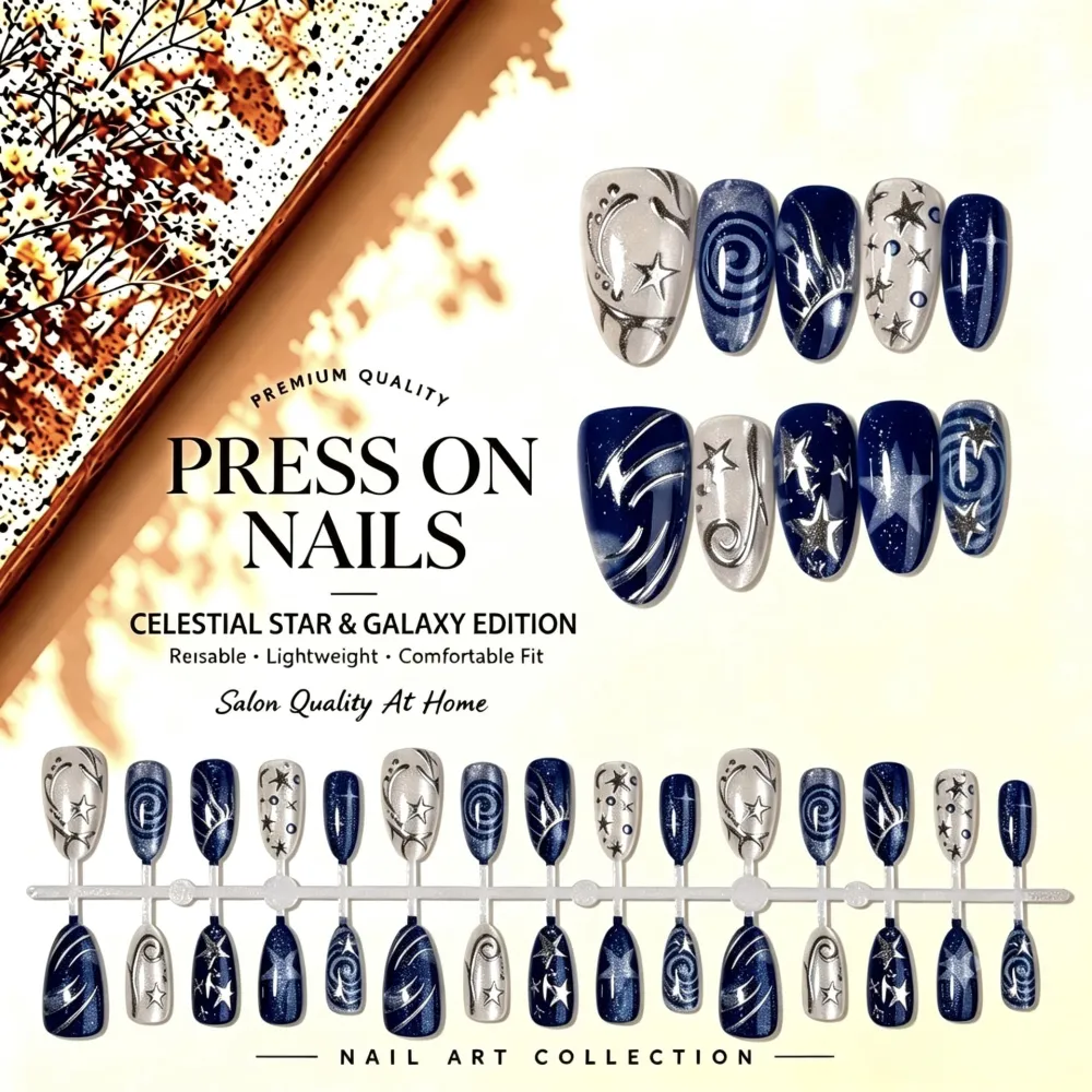 Nailhour 30Pcs Dark Metallic Medium Almond French Press On Nails