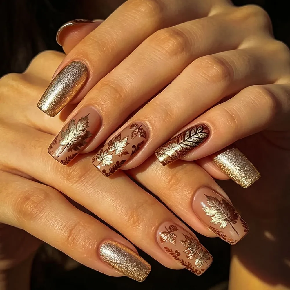 Nailhour 24Pcs Autumn Vintage Floral Medium Square Press On Nails