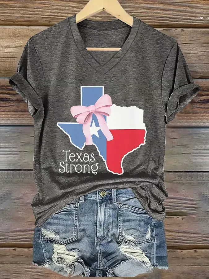 V Neck Retro Texas Strong Bow Print T-Shirt