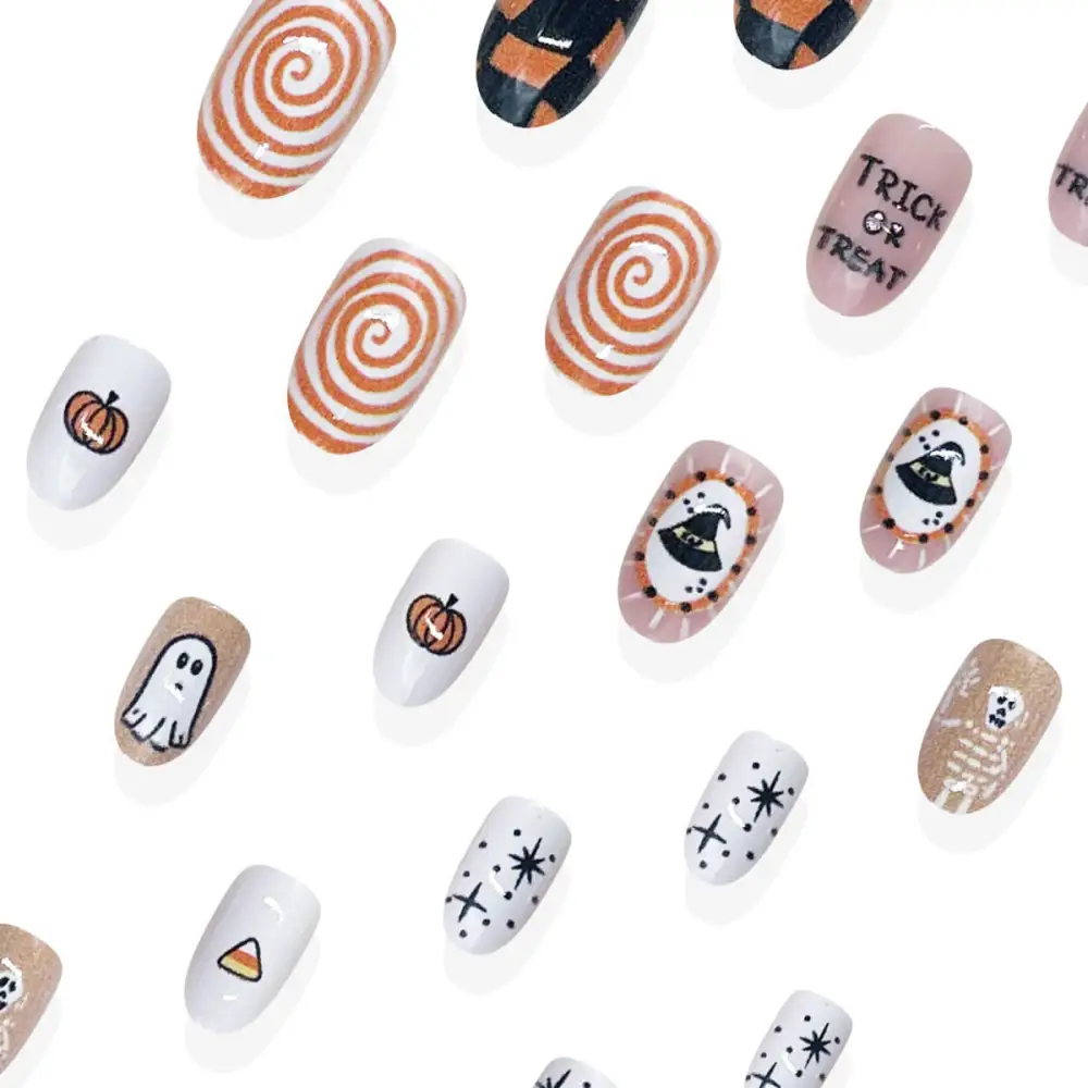 Nailhour 24Pcs Glitter Short Oval Skulls & Pastel Press On Nails