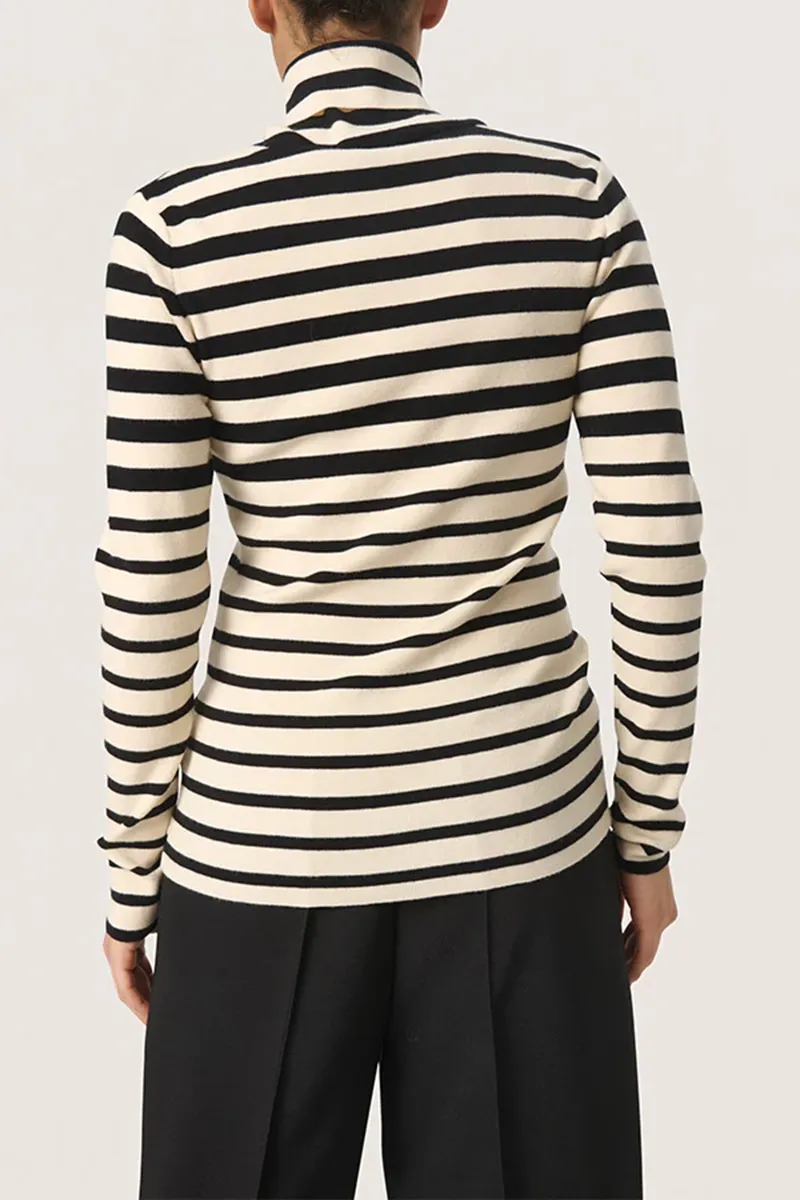 High Neck Striped Long Sleeve Fitted Tops