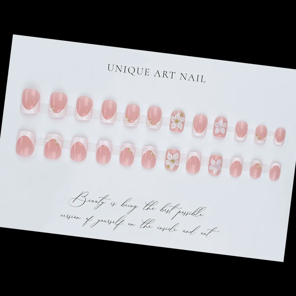 Nailhour French Short Square Nude Floral 24Pcs Wedding Daily Press On Nails