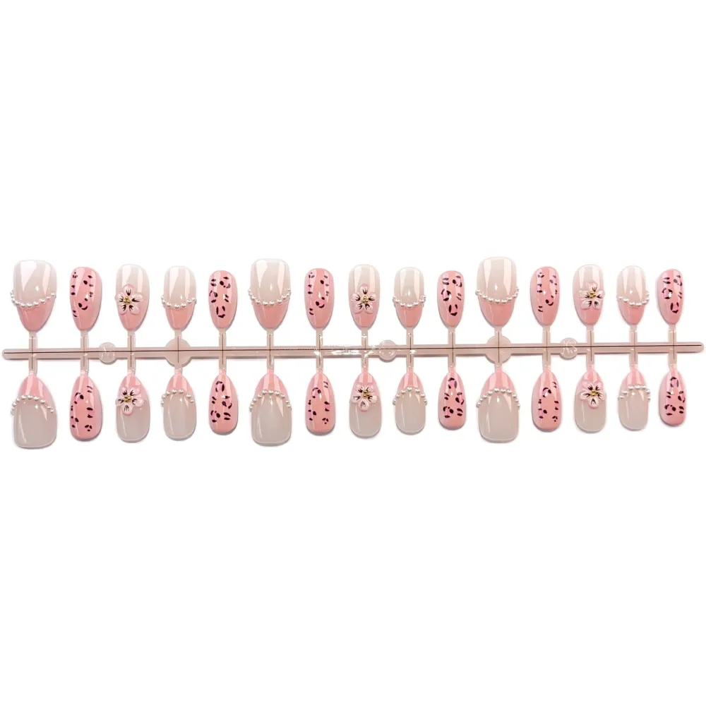 Nailhour 30Pcs Pink Pearl 3D Medium Almond French Press On Nails