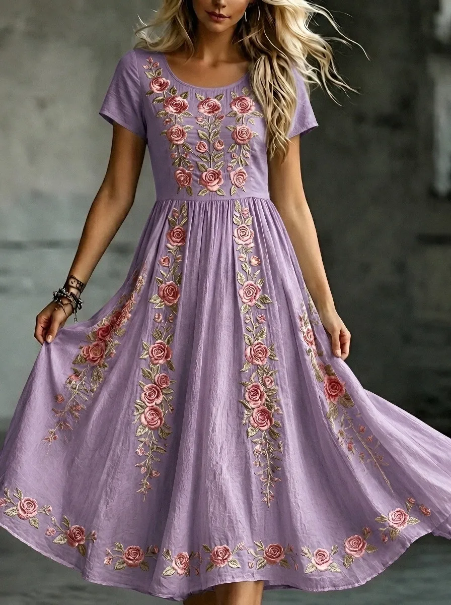 Women's Breast Cancer Awareness Rose Floral Embroidered Printed Dress