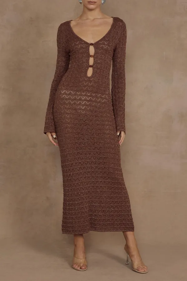 Long Sleeve Button Detail Knit Midi Dress