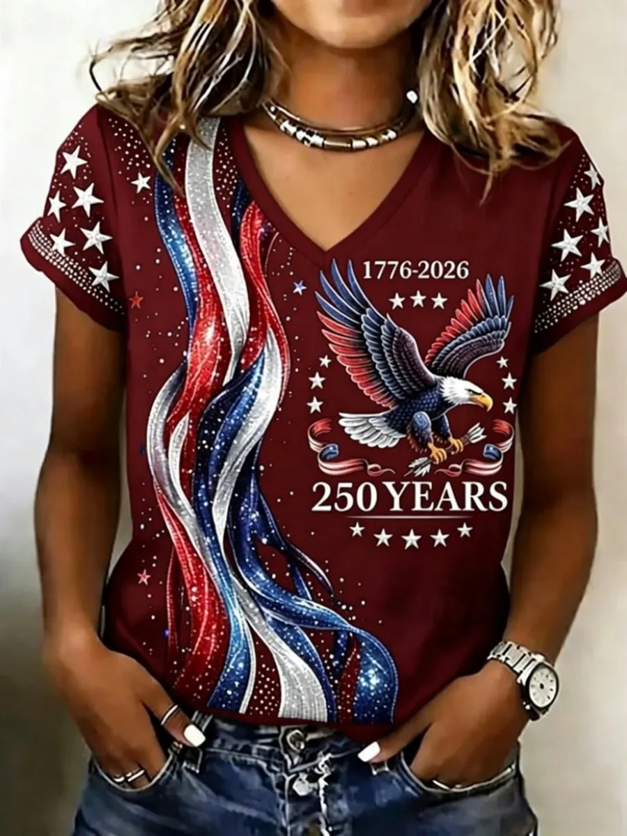 Retro 250th Anniversary Glitter Design Women's V Neck T-Shirt