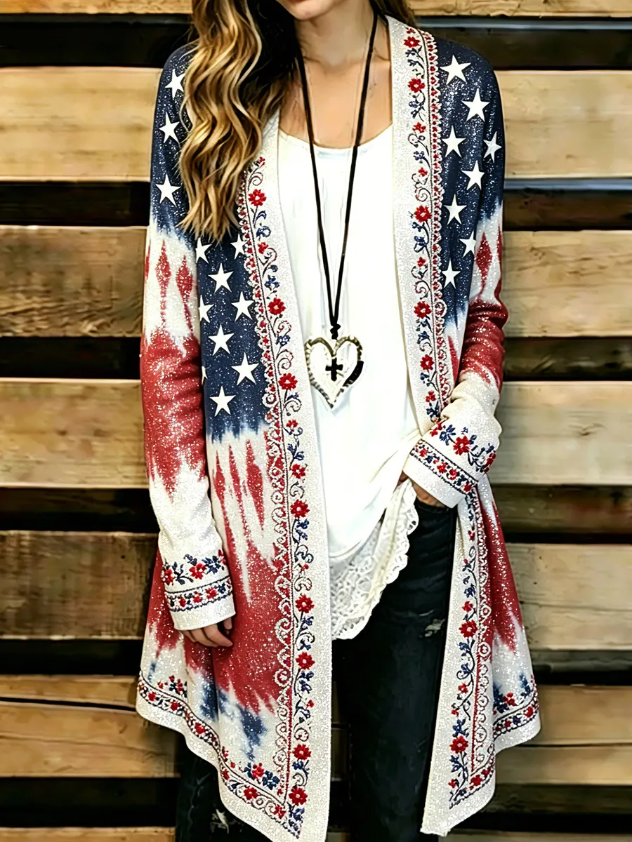 Women's Casual American Flag Print Cardigan