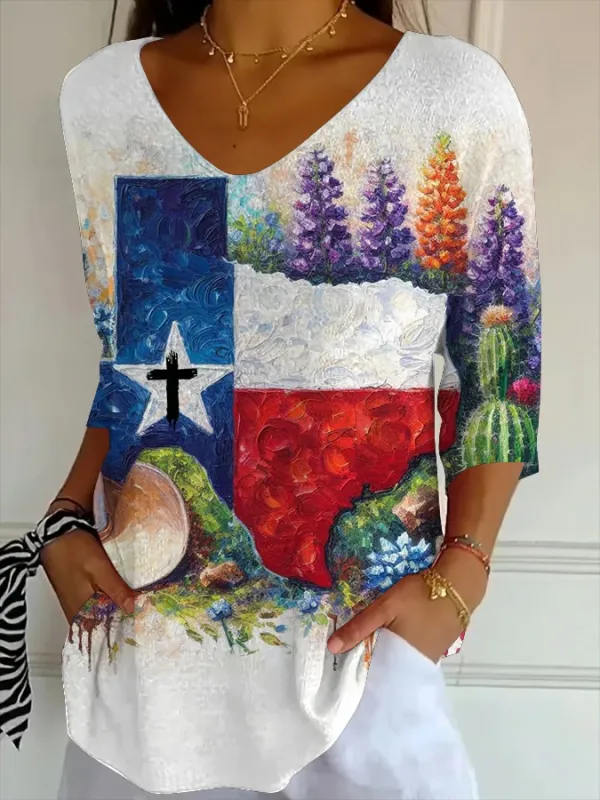 Women's Casual Retro God Bless Texas Print Striped T-Shirt