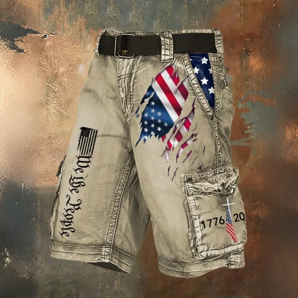 Men'S Retro Flag American Independence Day Multi Pocket Printed Workwear Shorts (Excluding Belt)