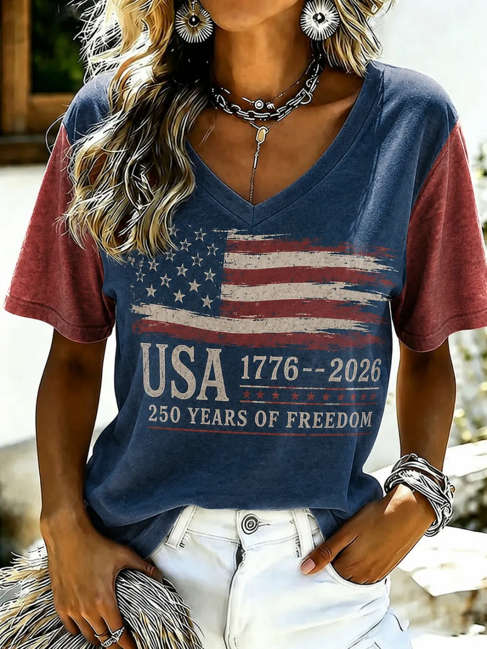 Women'S Retro Independence Day Printed Casual Short Sleeved T-Shirt