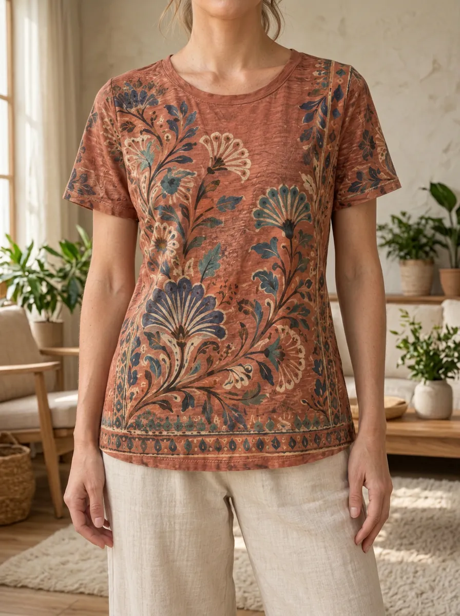 Women's Petal Vintage Floral Botanical Crew Neck T-Shirt