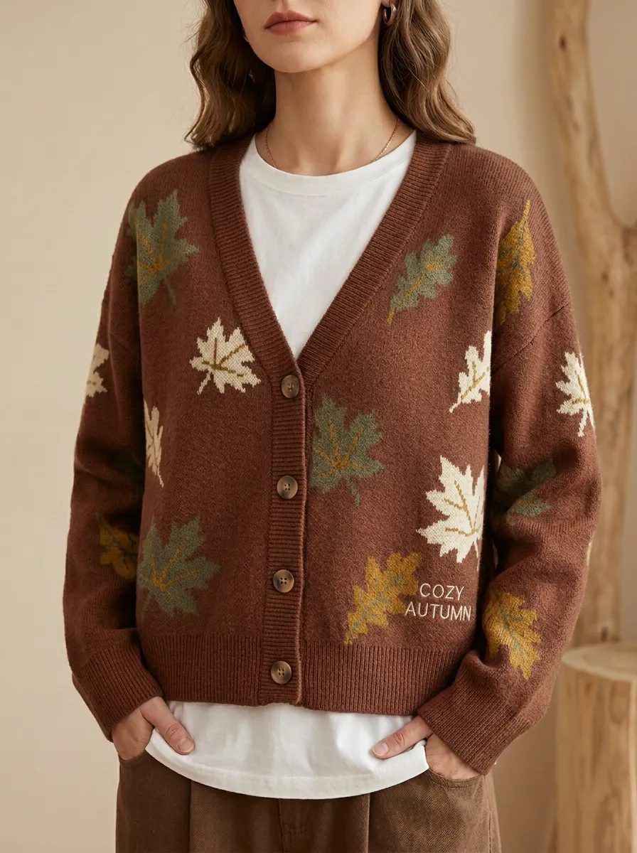 Botanical Maple Leaf Pattern Embroidered Women's Knit Cardigan
