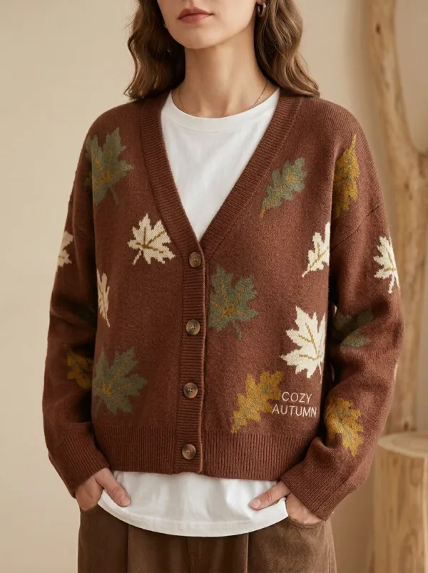 Botanical Maple Leaf Pattern Embroidered Women's Knit Cardigan