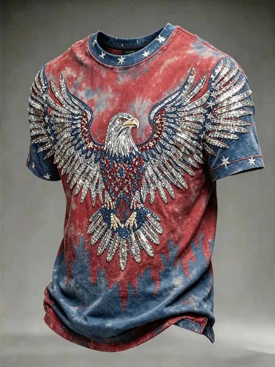 Retro Independence Day Flag & Eagle Pattern Short-sleeve T-shirt