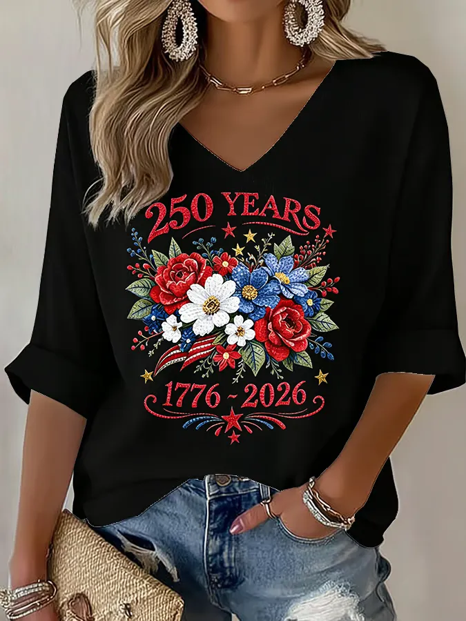 Women's American 250th Anniversary Three-Quarter Sleeve V-Neck Top