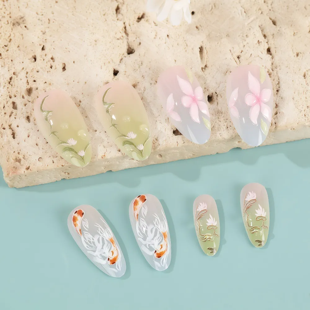Nailhour Summer 3D Nude Aquatic Plants and Goldfish 24Pcs Press On Nails