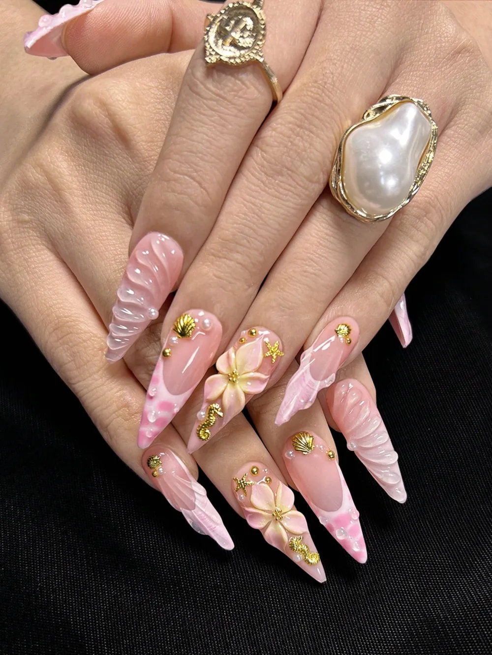 Nailhour 10pcs Handmade Long Stilettos Pink French Fingertips Fake Nails