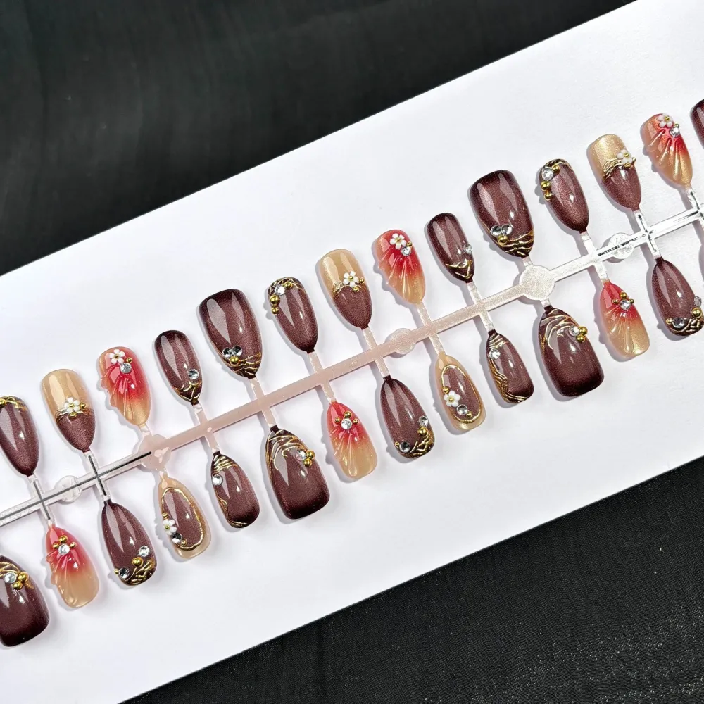 Nailhour 30Pcs Brown Autumn Floral 3D Medium Almond French Press On Nails
