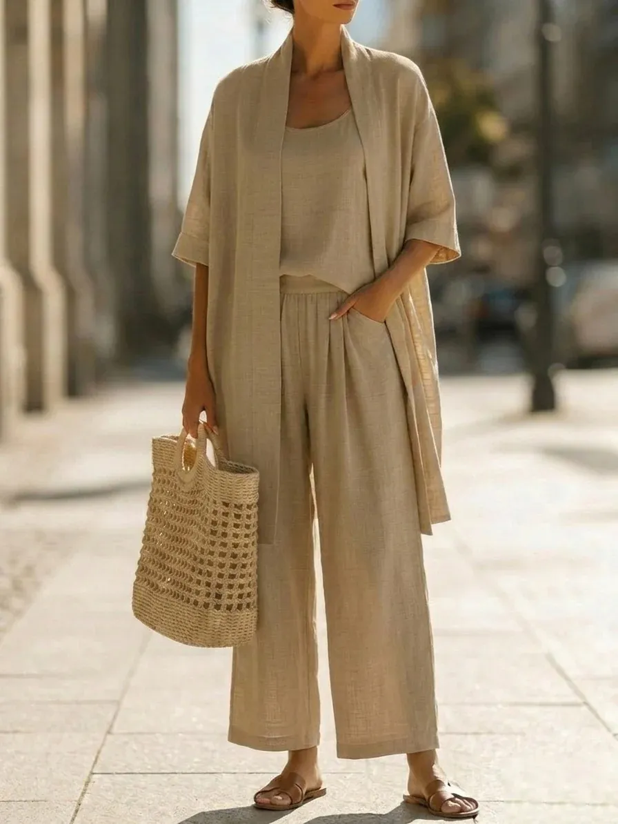 Minimalist Linen Cotton Three Piece Set - Suitable For Daily Wear