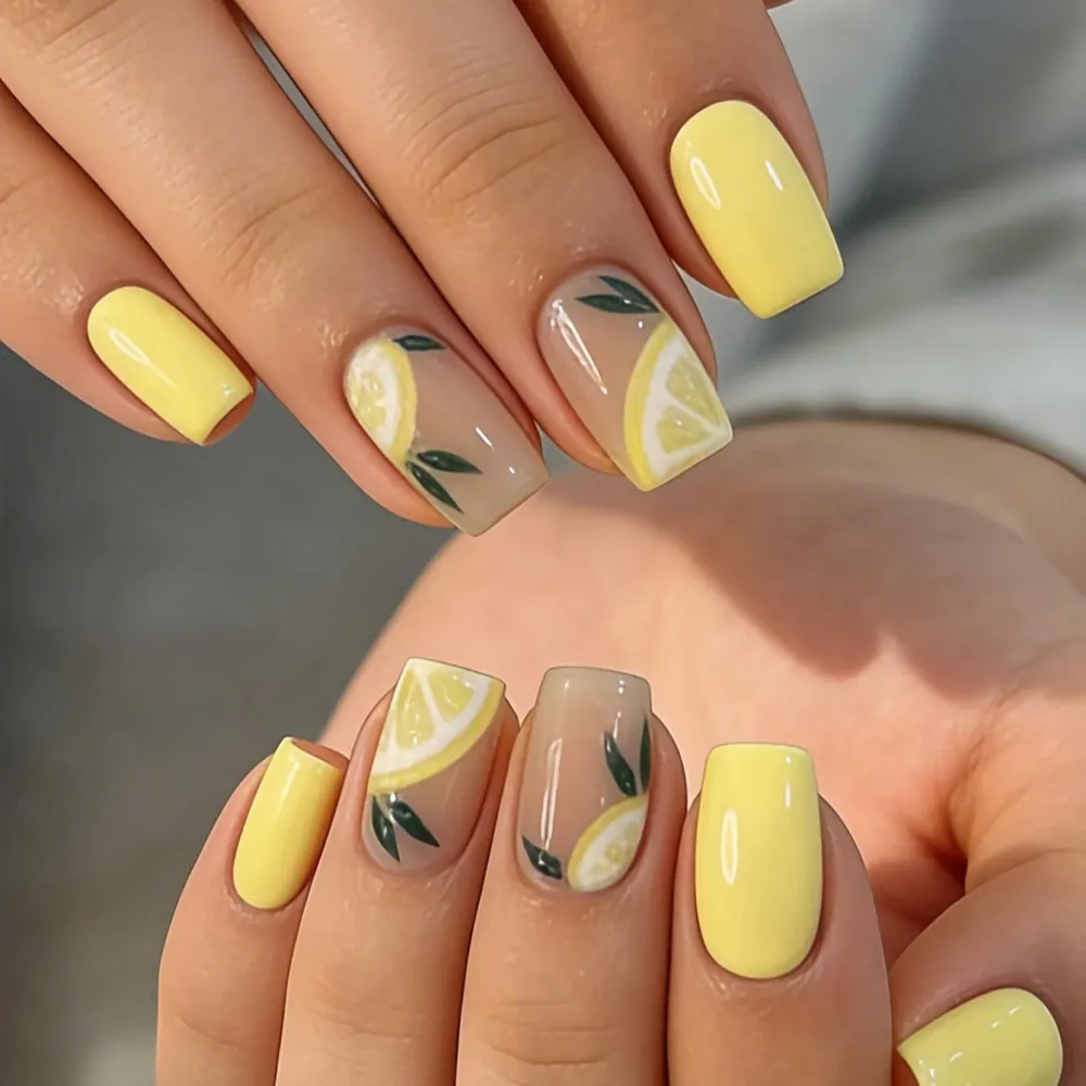 Nailhour 24Pcs Medium Square Yellow Holiday Press Cat Eye On Nails