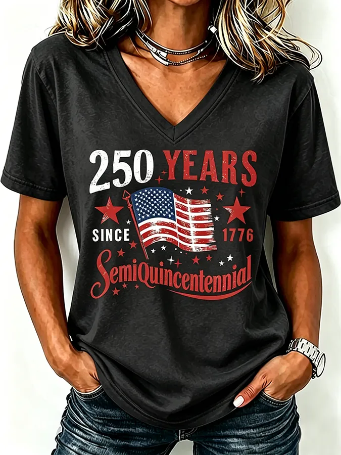 Ladies' Casual American 250Th Anniversary Commemorative Sequin Personalized Print V-Neck T-Shirt