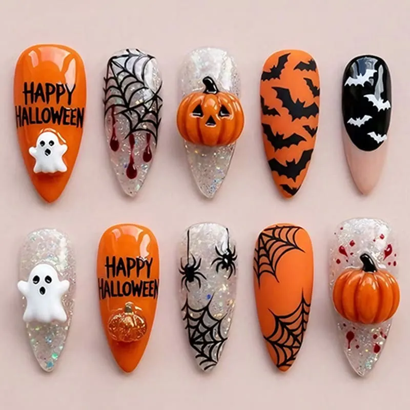 Nailhour 30Pcs Pumpkin 3D Medium Almond Halloween Press On Nails