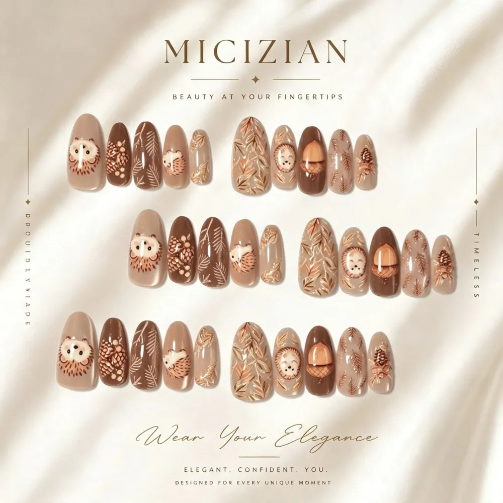 Nailhour 30Pcs Hedgehog Medium Almond French Press On Nails